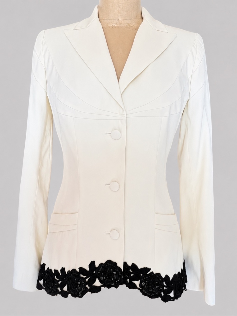 Yigal Azrouel Cream Blazer with Black Floral Trim